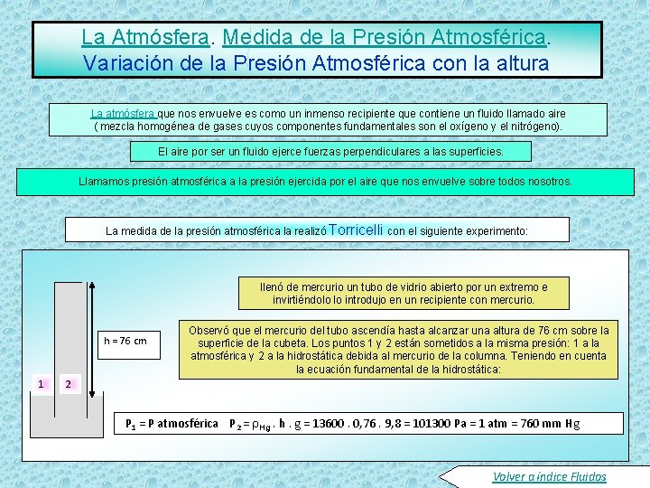 La Atmósfera. Medida de la Presión Atmosférica. Variación de la Presión Atmosférica con la