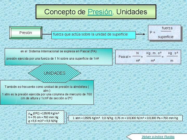 Concepto de Presión. Unidades fuerza Presión P= fuerza que actúa sobre la unidad de