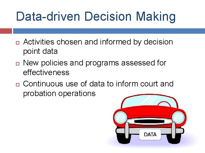 Data-driven Decision Making Activities chosen and informed by decision point data New policies and