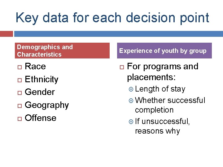 Key data for each decision point Demographics and Characteristics Race Ethnicity Gender Geography Offense