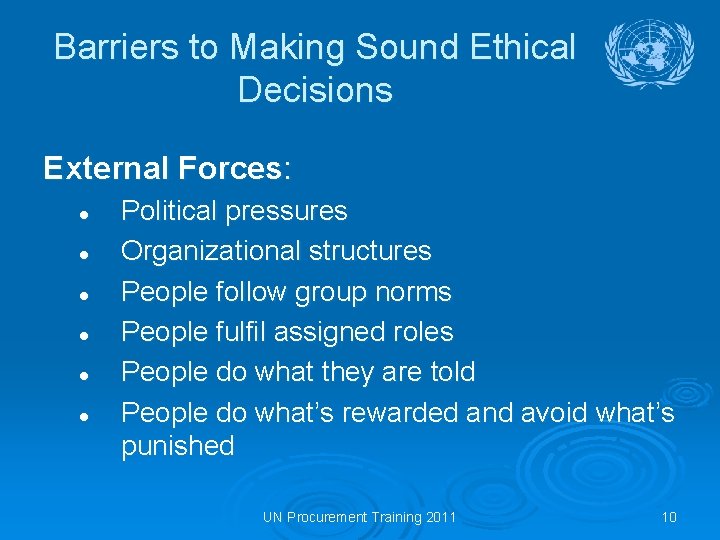 Barriers to Making Sound Ethical Decisions External Forces: l l l Political pressures Organizational