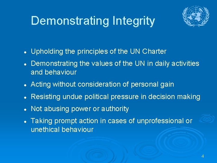 Demonstrating Integrity l l Upholding the principles of the UN Charter Demonstrating the values