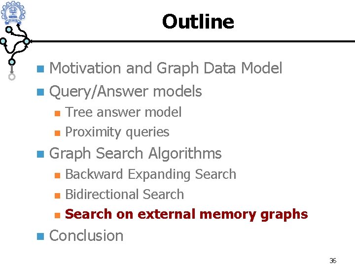 Outline Motivation and Graph Data Model n Query/Answer models n n Graph Search Algorithms