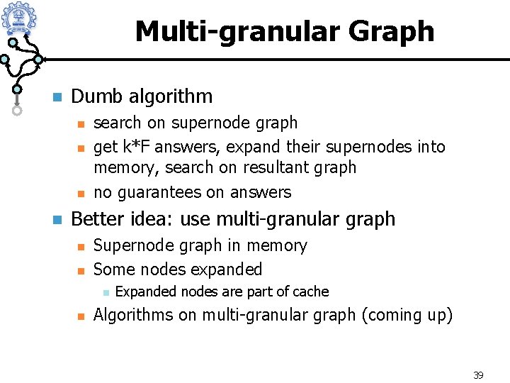 Multi-granular Graph n Dumb algorithm n n search on supernode graph get k*F answers,