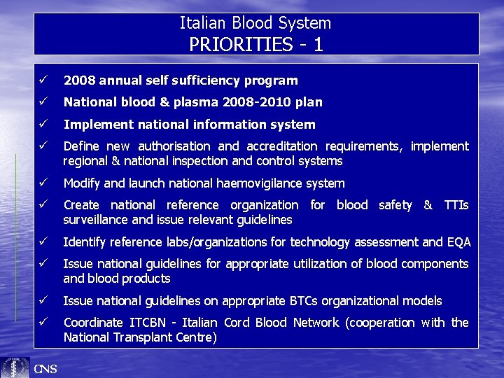 Italian Blood System PRIORITIES - 1 ü 2008 annual self sufficiency program ü National