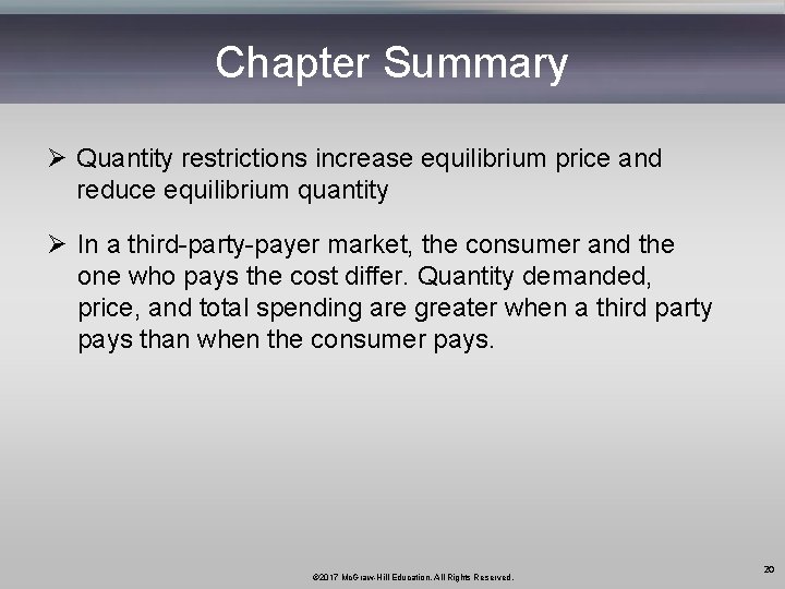 Chapter Summary Ø Quantity restrictions increase equilibrium price and reduce equilibrium quantity Ø In