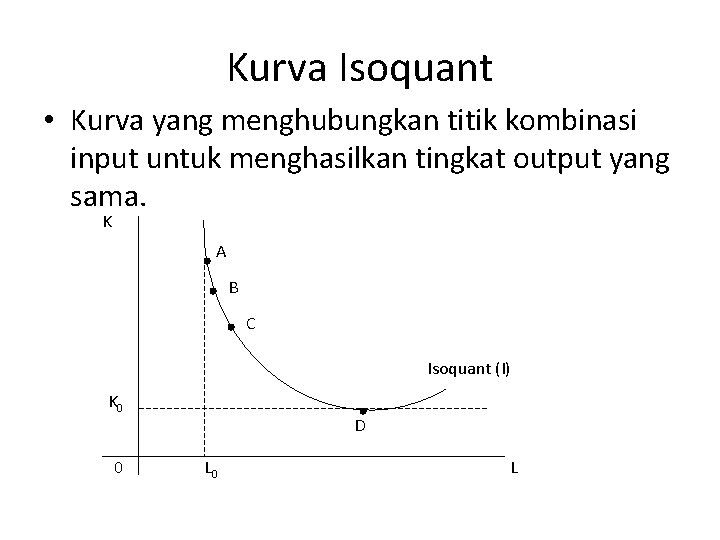 Kurva Isoquant • Kurva yang menghubungkan titik kombinasi input untuk menghasilkan tingkat output yang