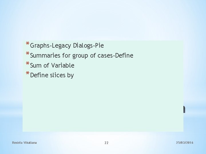 *Graphs-Legacy Dialogs-Pie *Summaries for group of cases-Define *Sum of Variable *Define slices by *