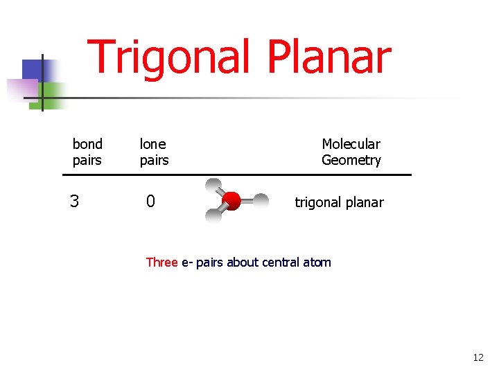 Trigonal Planar bond pairs 3 lone pairs 0 Molecular Geometry trigonal planar Three e-