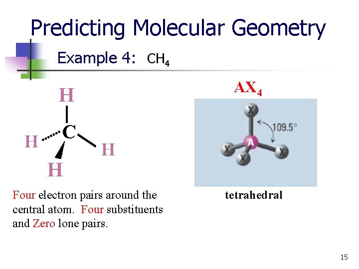 Predicting Molecular Geometry Example 4: CH 4 AX 4 H H C H H