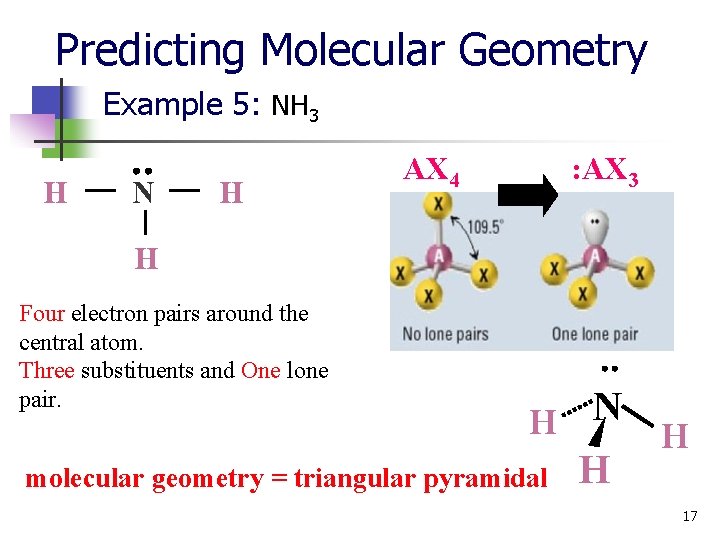 Predicting Molecular Geometry Example 5: NH 3 H N H AX 4 : AX
