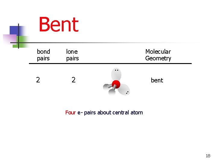 Bent 2 Molecular Geometry bent . . 2 lone pairs . . bond pairs