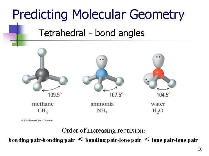 Predicting Molecular Geometry Tetrahedral - bond angles Order of increasing repulsion: bonding pair-bonding pair