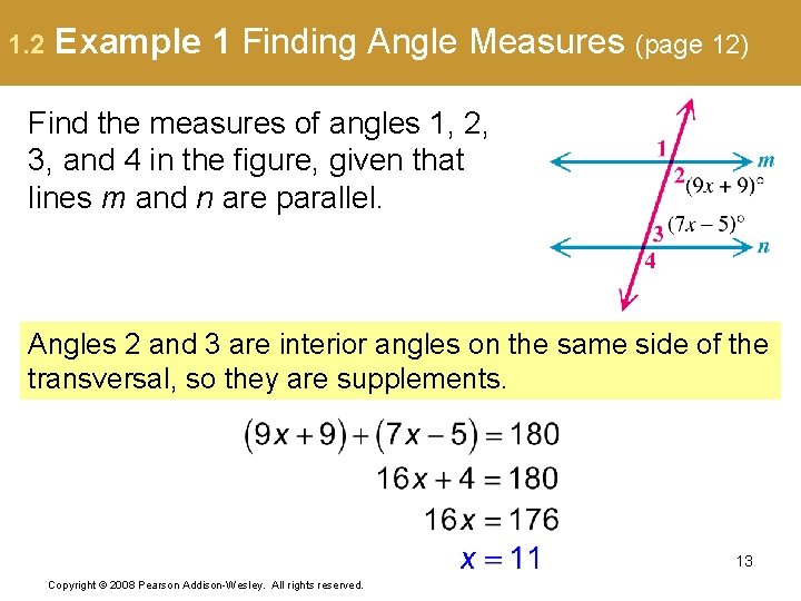 1. 2 Example 1 Finding Angle Measures (page 12) Find the measures of angles