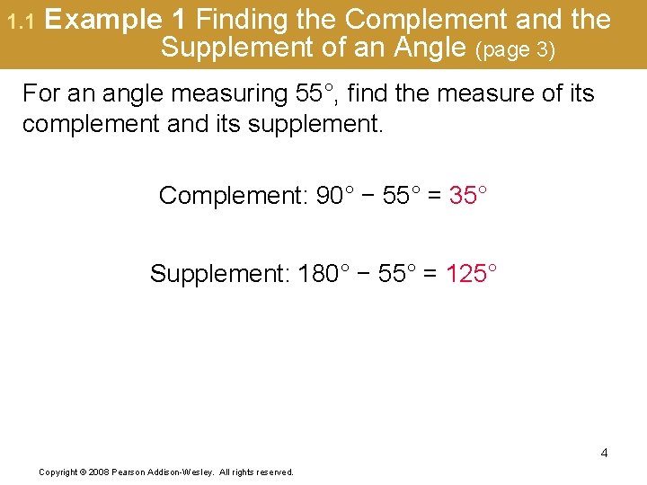 1. 1 Example 1 Finding the Complement and the Supplement of an Angle (page