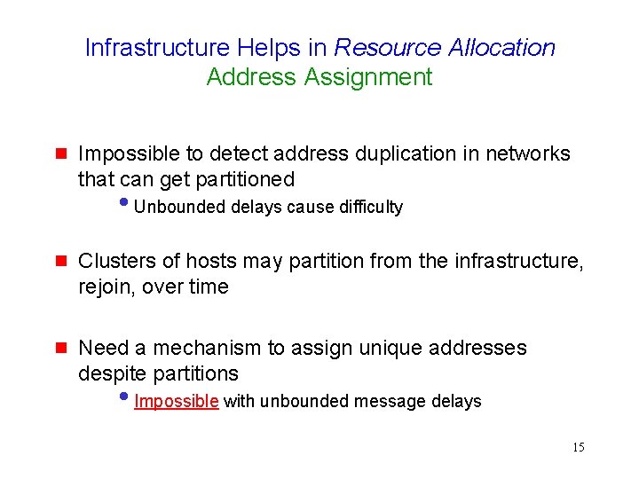 Infrastructure Helps in Resource Allocation Address Assignment g Impossible to detect address duplication in