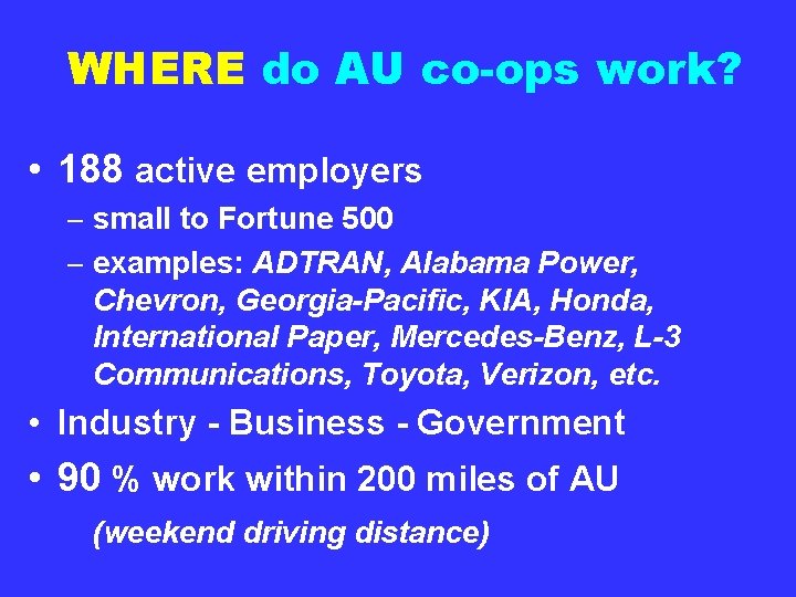 WHERE do AU co-ops work? • 188 active employers – small to Fortune 500