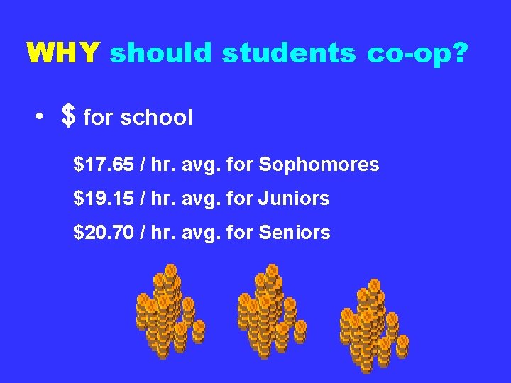 WHY should students co-op? • $ for school $17. 65 / hr. avg. for