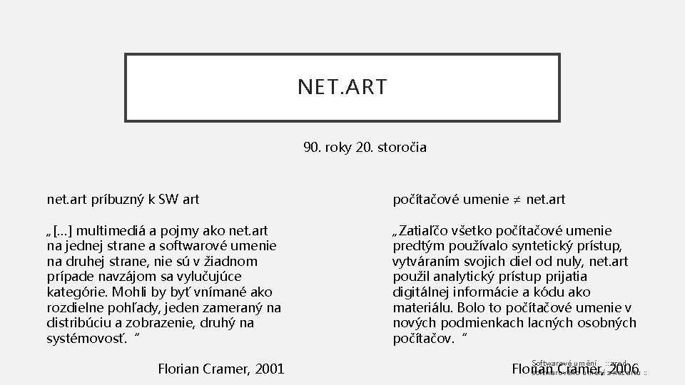 NET. ART 90. roky 20. storočia net. art príbuzný k SW art počítačové umenie