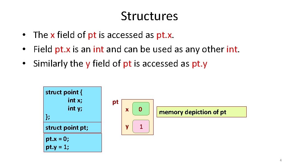 Structures • The x field of pt is accessed as pt. x. • Field