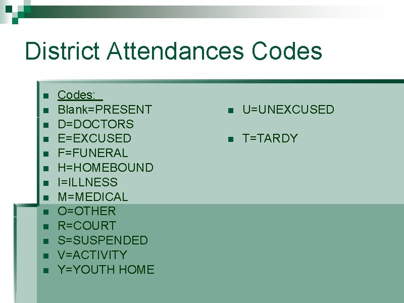 District Attendances Codes n n n n Codes: Blank=PRESENT D=DOCTORS E=EXCUSED F=FUNERAL H=HOMEBOUND I=ILLNESS