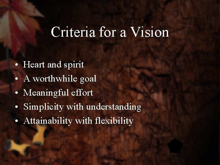 Criteria for a Vision • • • Heart and spirit A worthwhile goal Meaningful