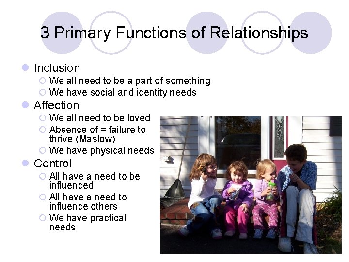 3 Primary Functions of Relationships l Inclusion ¡ We all need to be a