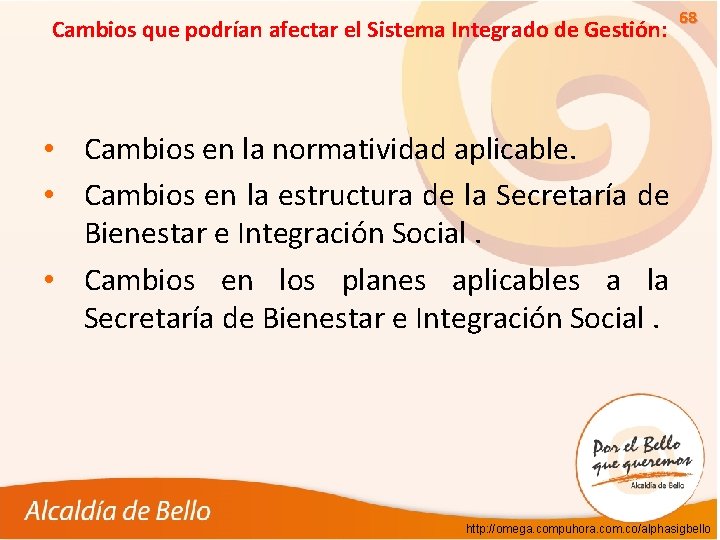 Cambios que podrían afectar el Sistema Integrado de Gestión: 68 • Cambios en la