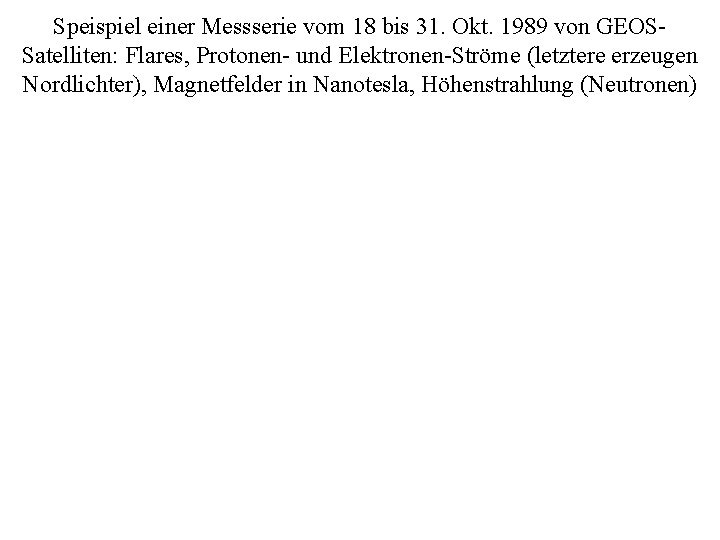 Speispiel einer Messserie vom 18 bis 31. Okt. 1989 von GEOSSatelliten: Flares, Protonen- und