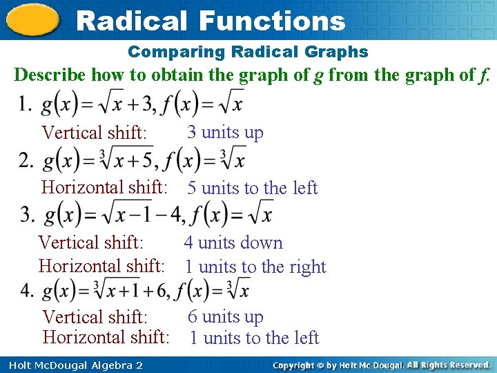 Radical Functions Comparing Radical Graphs Describe how to obtain the graph of g from