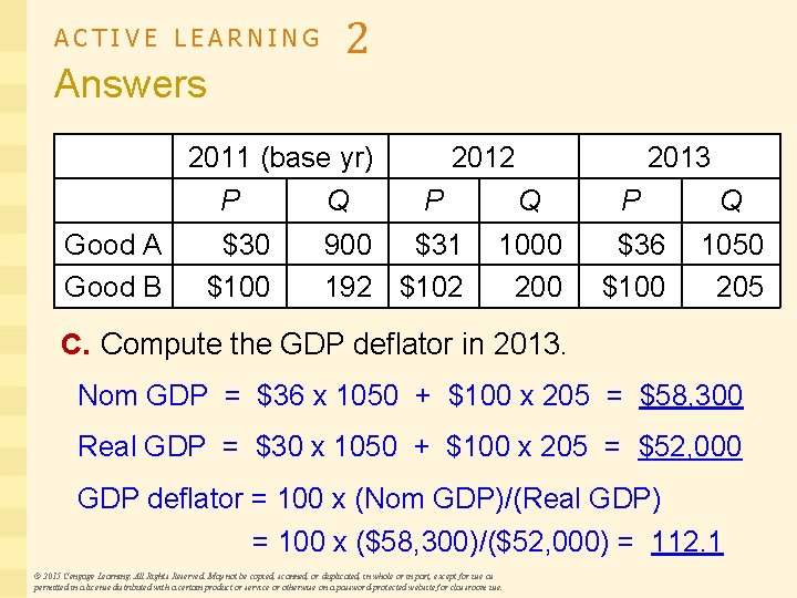 ACTIVE LEARNING Answers 2 2011 (base yr) P Good A Good B Q $30