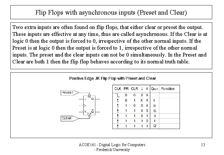 Flip Flops with asynchronous inputs (Preset and Clear) Two extra inputs are often found