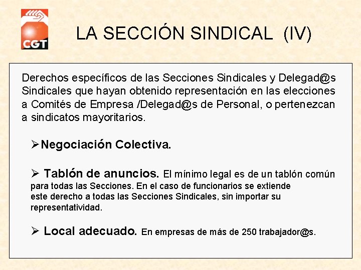 LA SECCIÓN SINDICAL (IV) Derechos específicos de las Secciones Sindicales y Delegad@s Sindicales que