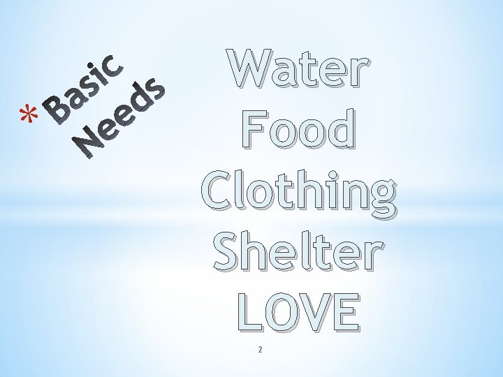 * Water Food Clothing Shelter LOVE 2 