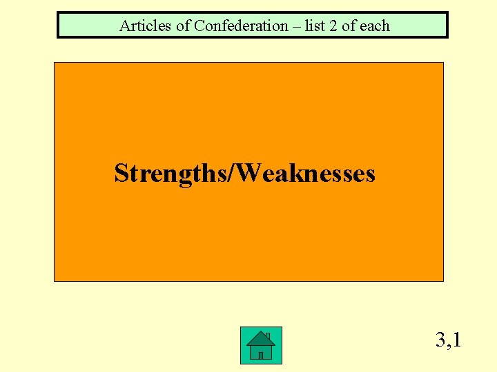 Articles of Confederation – list 2 of each Strengths/Weaknesses 3, 1 