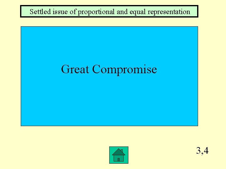 Settled issue of proportional and equal representation Great Compromise 3, 4 