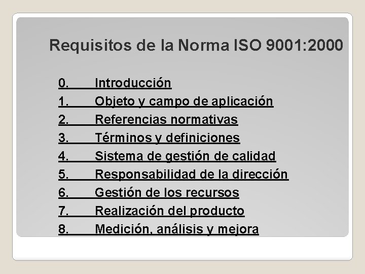 Requisitos de la Norma ISO 9001: 2000 0. 1. 2. 3. 4. 5. 6.