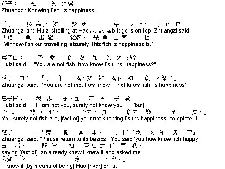 莊子： 知 魚 之樂 Zhuangzi: Knowing fish ‘s happiness. 莊子 與 惠子 遊 於