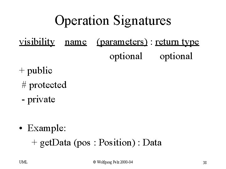 Operation Signatures visibility name (parameters) : return type optional + public # protected -