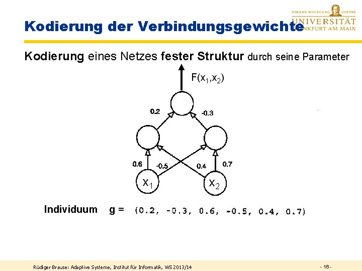 Kodierung der Verbindungsgewichte Kodierung eines Netzes fester Struktur durch seine Parameter F(x 1, x