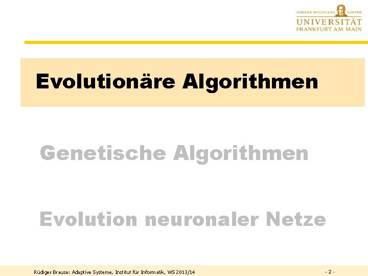 Evolutionäre Algorithmen Genetische Algorithmen Evolution neuronaler Netze Rüdiger Brause: Adaptive Systeme, Institut für Informatik,