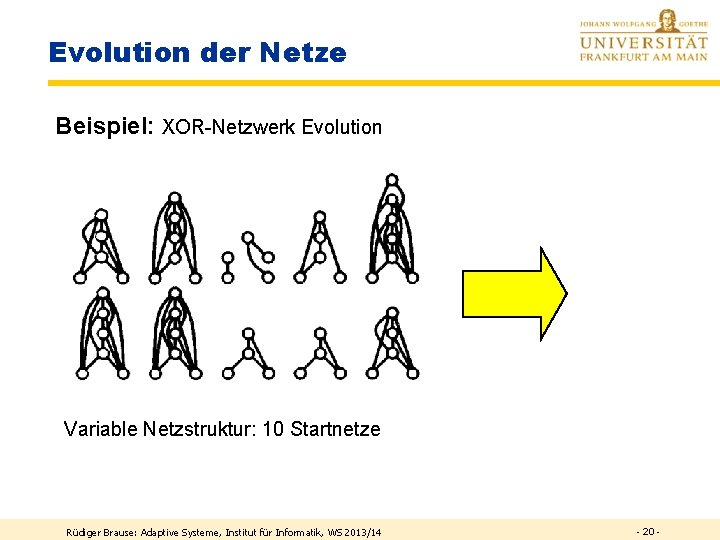 Evolution der Netze Beispiel: XOR-Netzwerk Evolution Variable Netzstruktur: 10 Startnetze Rüdiger Brause: Adaptive Systeme,