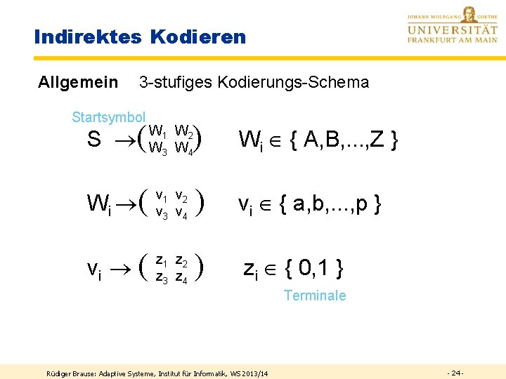 Indirektes Kodieren Allgemein 3 -stufiges Kodierungs-Schema Startsymbol S ( W 1 W 2 W