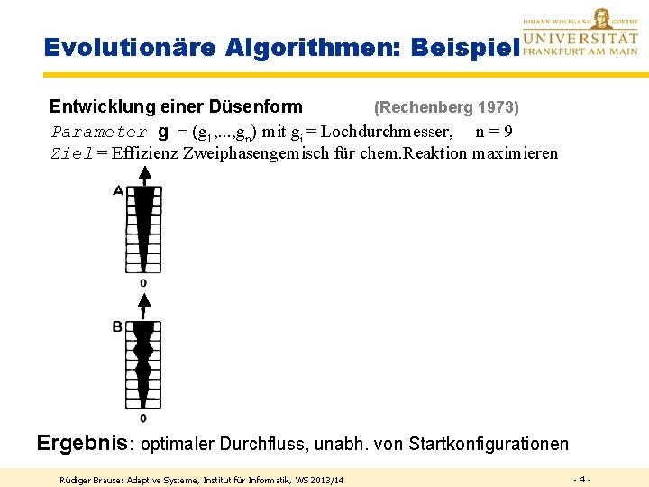 Evolutionäre Algorithmen: Beispiel Entwicklung einer Düsenform (Rechenberg 1973) Parameter g = (g 1, .