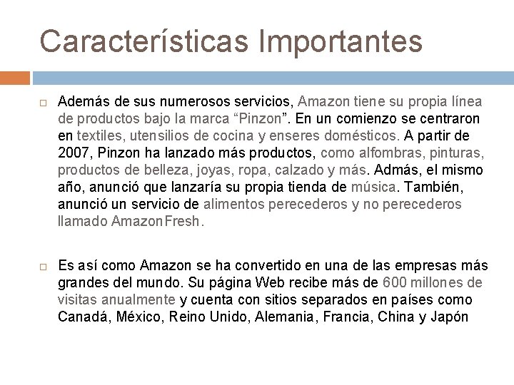 Características Importantes Además de sus numerosos servicios, Amazon tiene su propia línea de productos