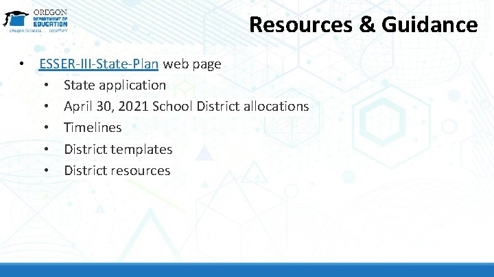 Resources & Guidance • ESSER-III-State-Plan web page • State application • April 30, 2021