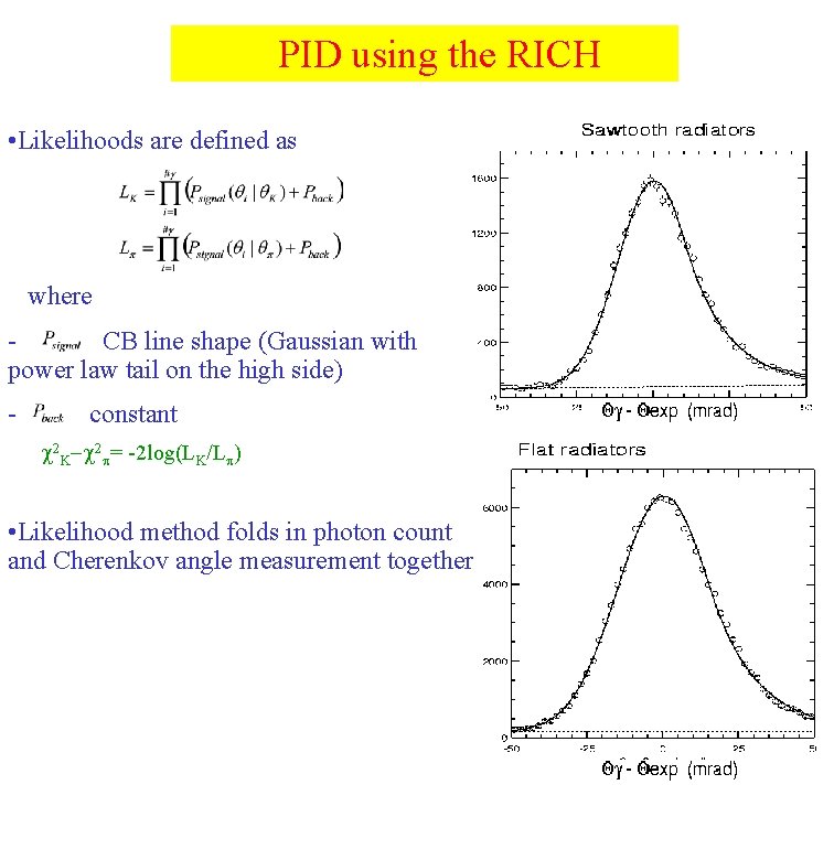 PID using the RICH • Likelihoods are defined as where CB line shape (Gaussian