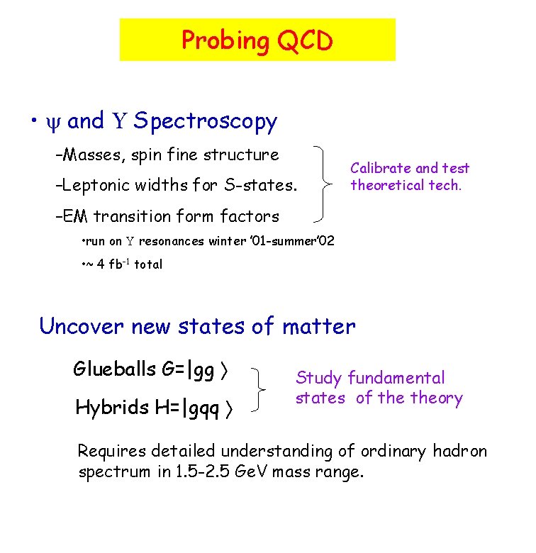 Probing QCD • and Spectroscopy –Masses, spin fine structure –Leptonic widths for S-states. Calibrate