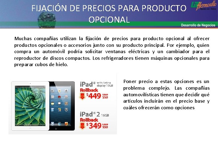 FIJACIÓN DE PRECIOS PARA PRODUCTO OPCIONAL Muchas compañías utilizan la fijación de precios para