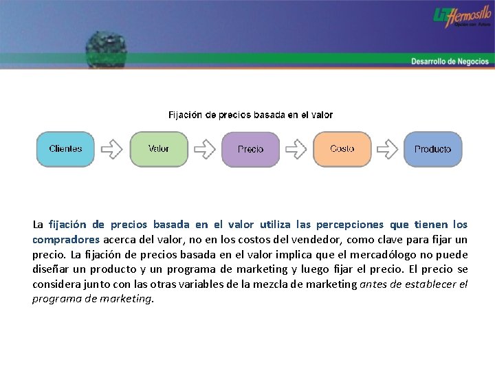 La fijación de precios basada en el valor utiliza las percepciones que tienen los